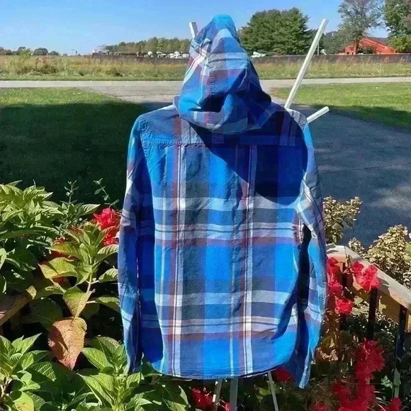 Hollister mens large button up jacket with hood with 2 pockets and drawstring - Picture 2 of 9